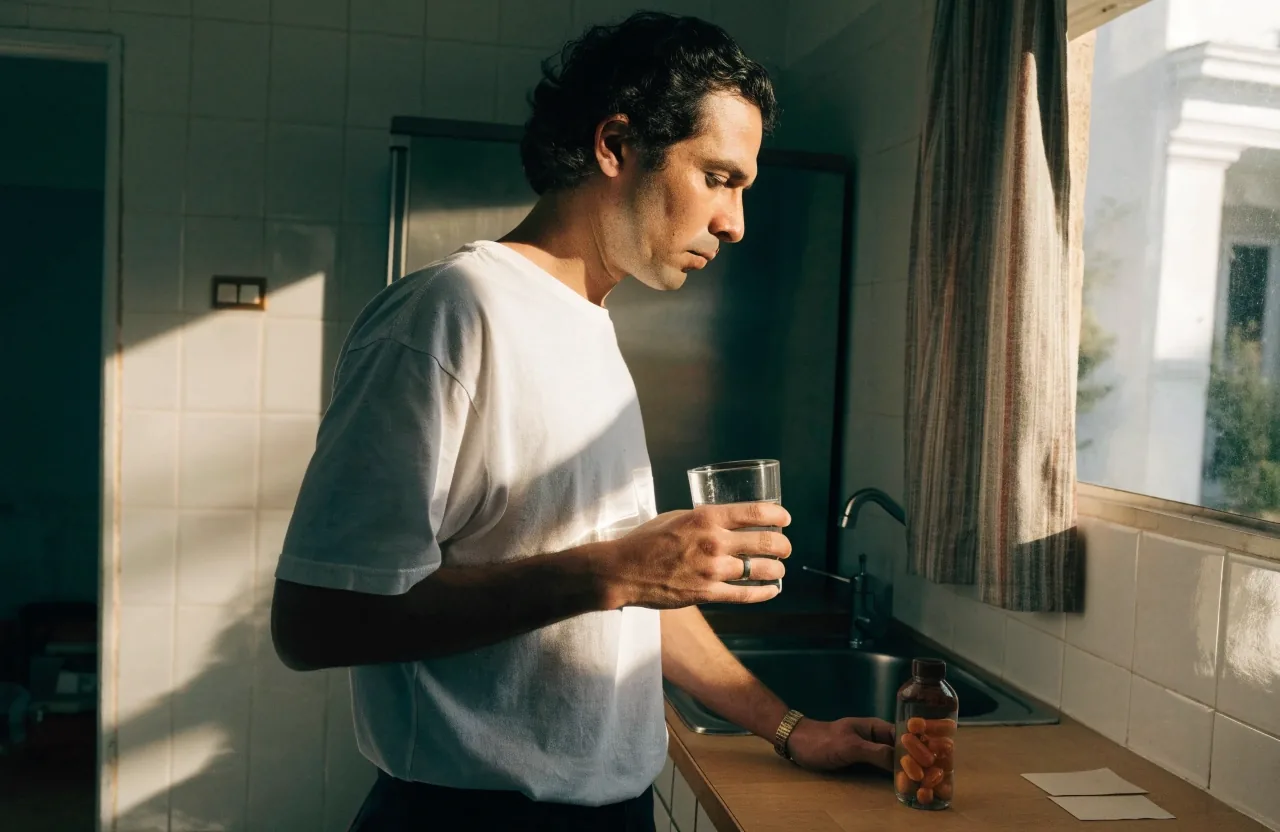 Cocina de departamento en la Ciudad de México con un vaso de agua, un platito con cápsulas y tenis de correr al fondo