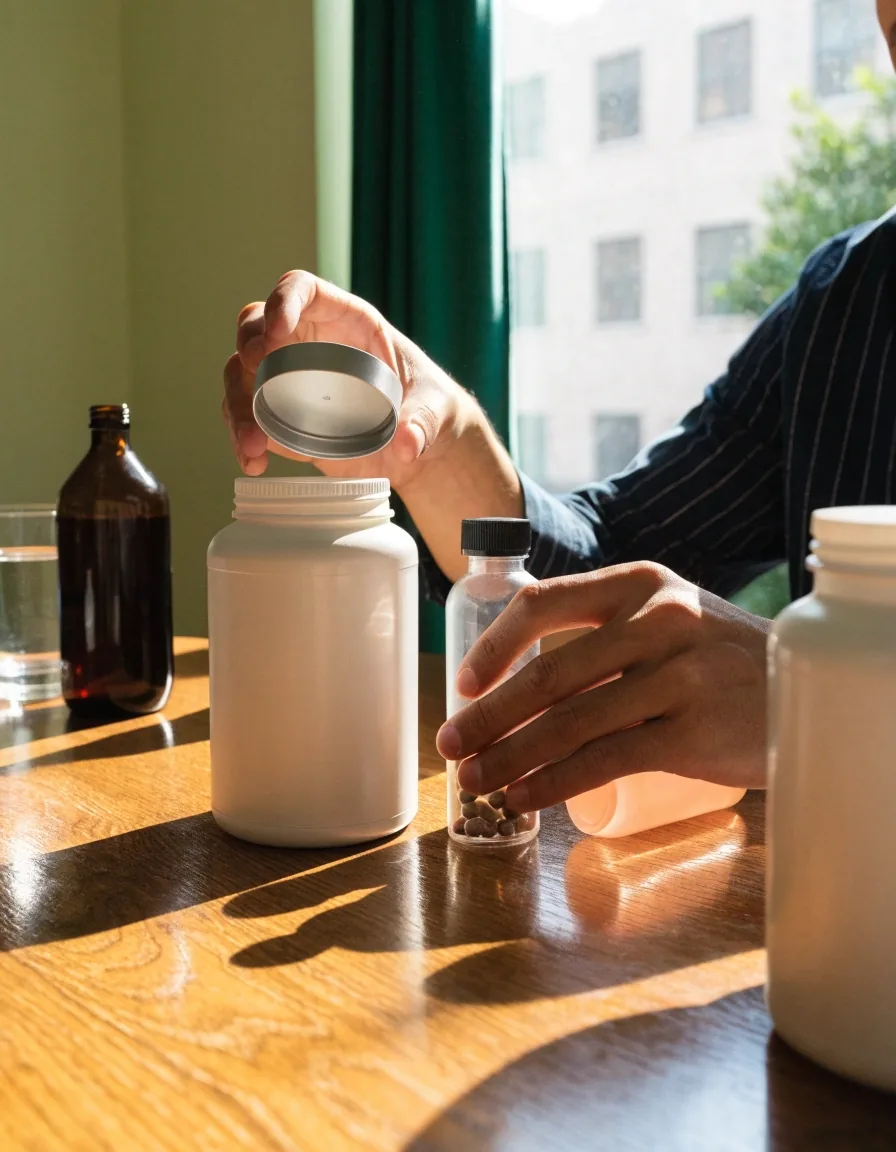 Varias presentaciones de suplementos — frasco de tabletas, bote de cápsulas y botella líquida — ordenadas sobre una mesa junto a una ventana