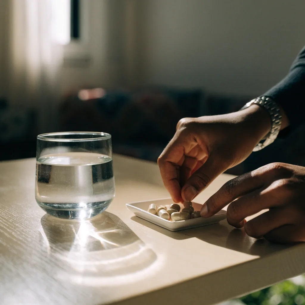 Persona revisando guías impresas de suplementos y vitaminas para hombres junto a la ventana en Ciudad de México