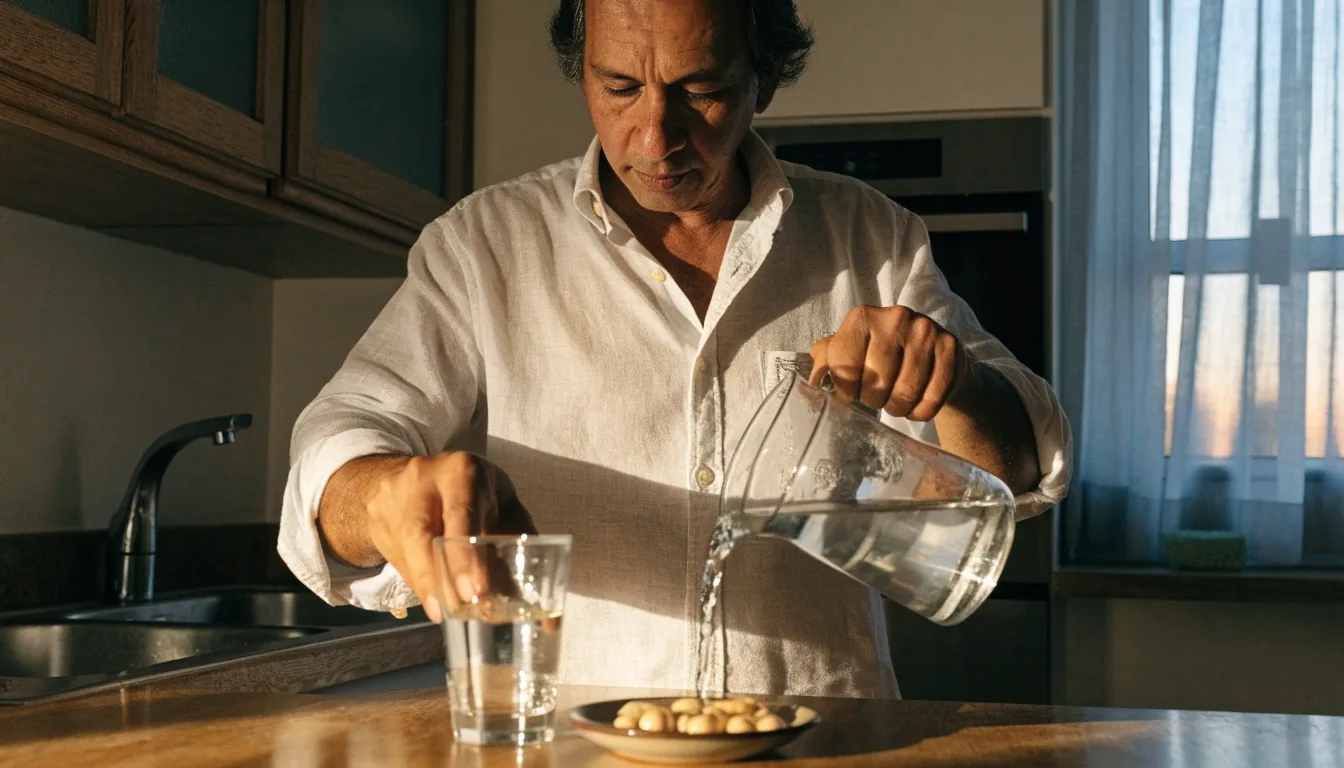 Persona preparando su rutina matutina con vitaminas y minerales para hombres en la cocina