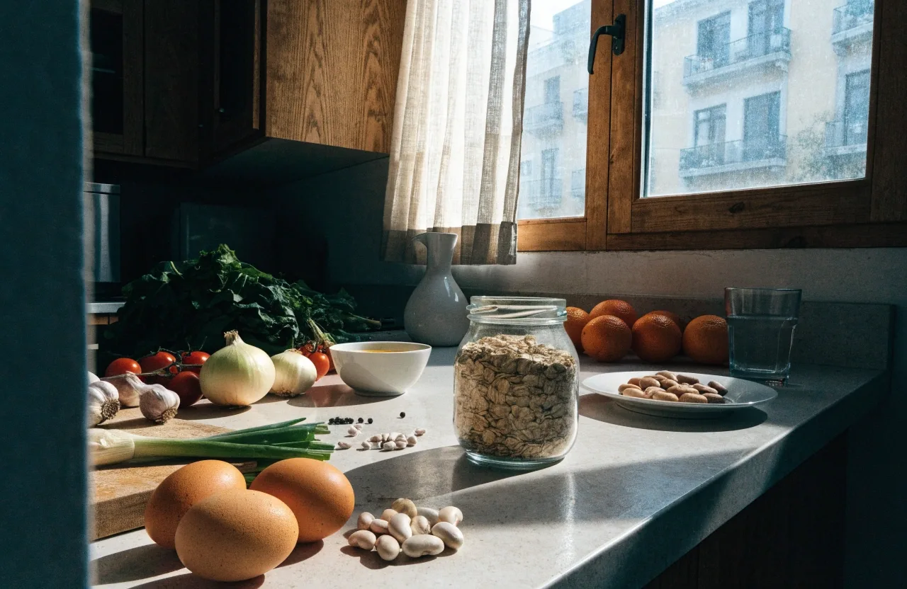 Mostrador de cocina con verduras, fruta, huevos y granos enteros listos para cocinar