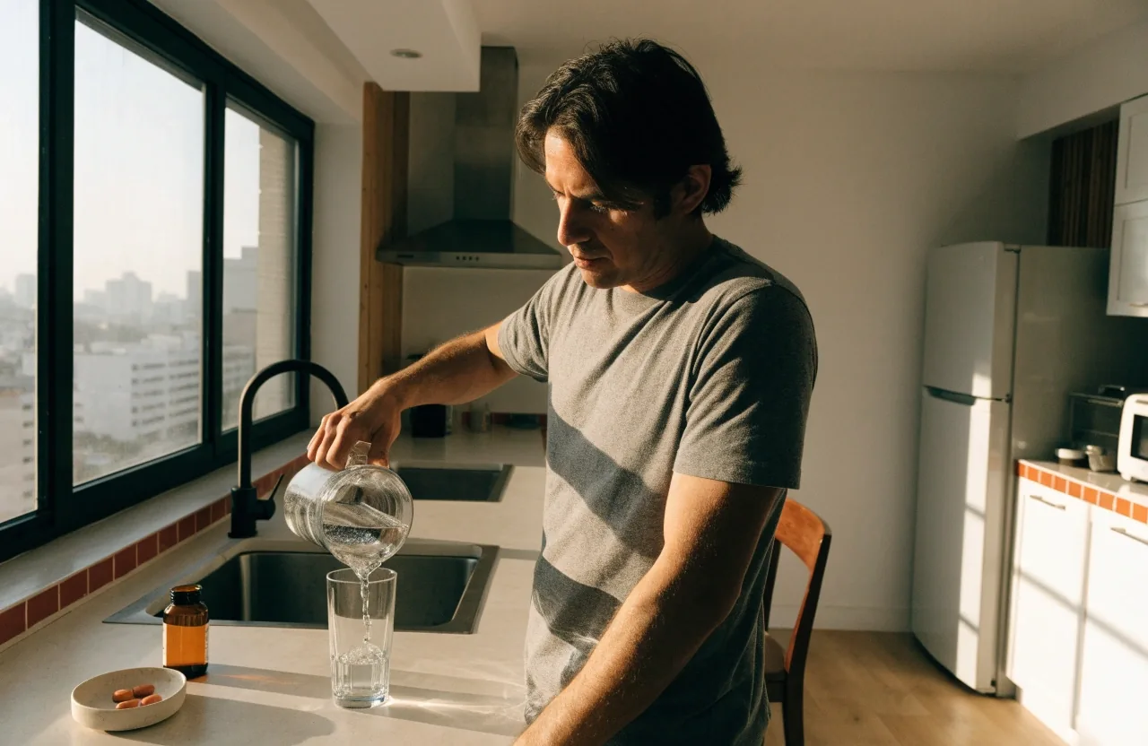 Hombre sirviendo agua en una cocina luminosa junto a un frasco de fórmula masculina y dos tabletas sobre un plato de cerámica