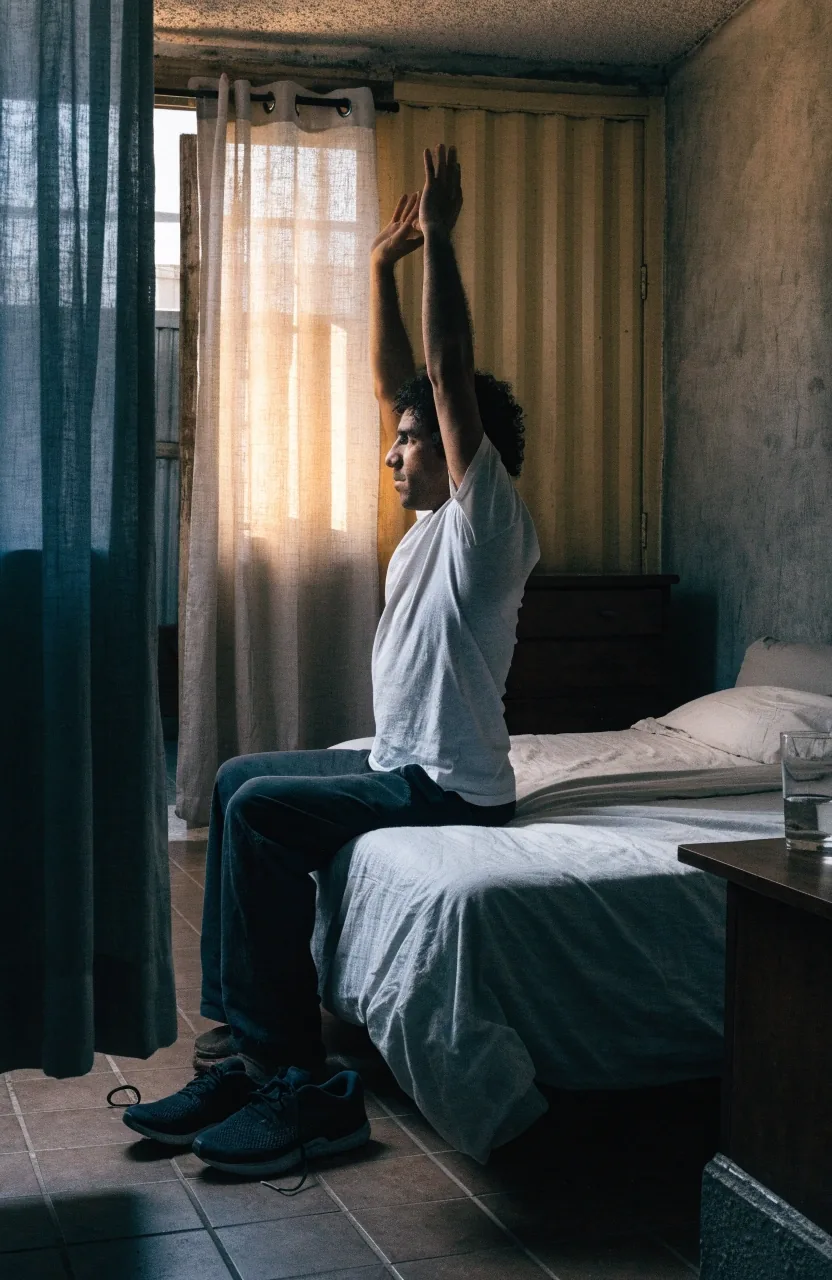 Hombre estirándose al borde de la cama al amanecer con tenis en el suelo y un vaso de agua en el buró