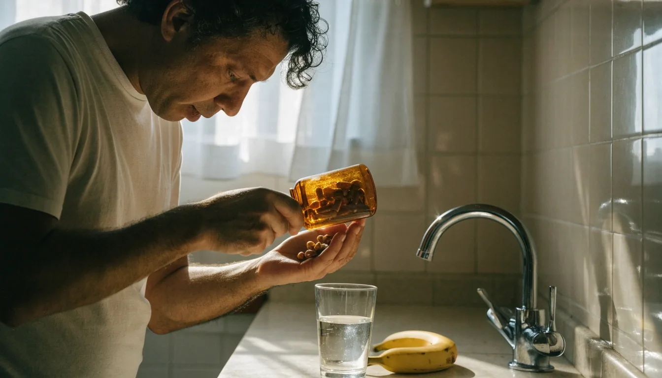 Manos abriendo un frasco ámbar de suplemento sobre una barra de cocina con un vaso de agua y avena al amanecer