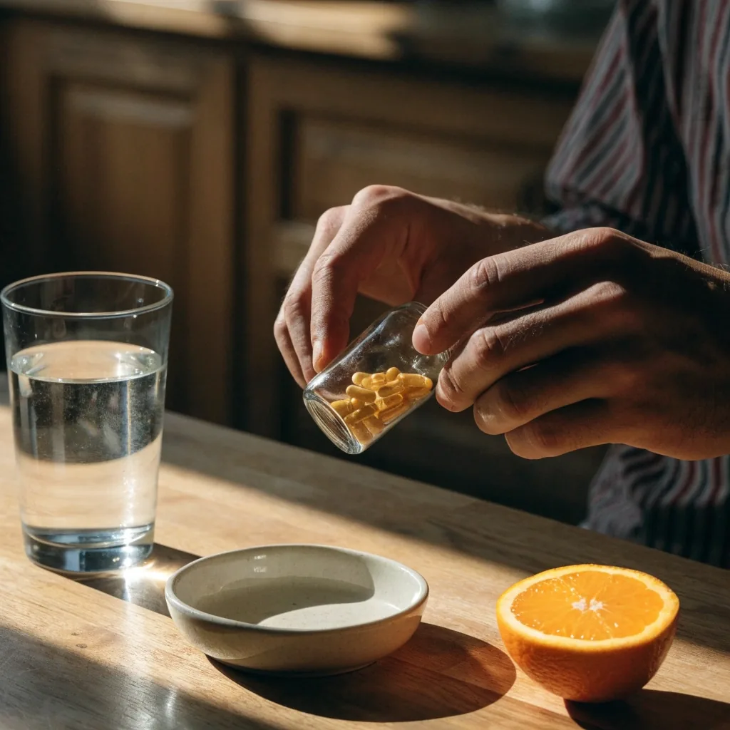 Tabletas beige sobre un plato blanco junto a un frasco ámbar y un vaso de agua en una mesa de madera