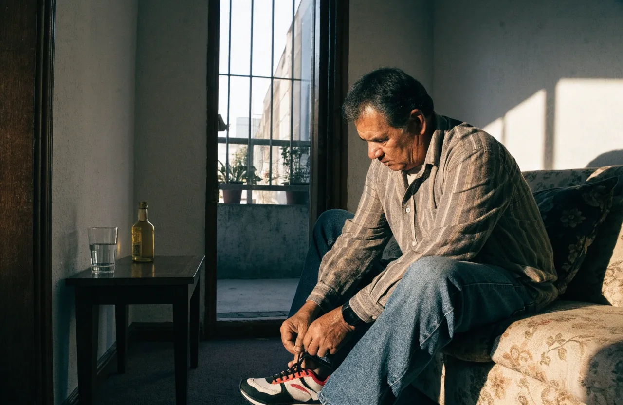 Hombre en su sala atándose los tenis antes de salir a caminar por la mañana