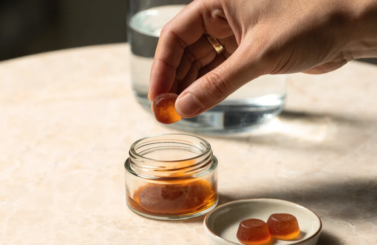 Vaso dosificador con multivitamínico líquido ámbar sobre superficie de mármol claro