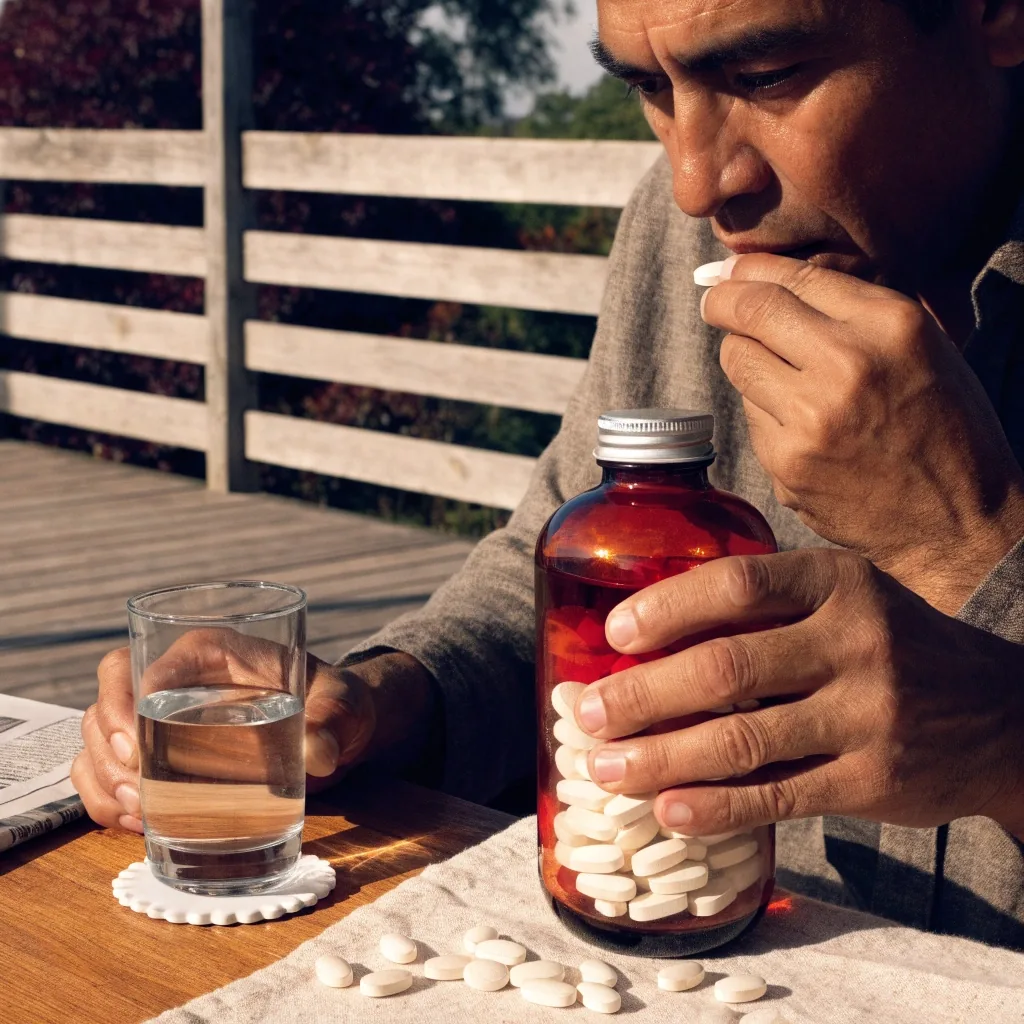 Frasco de multivitamínico sin etiqueta junto a un vaso de agua y tabletas sueltas sobre lino claro