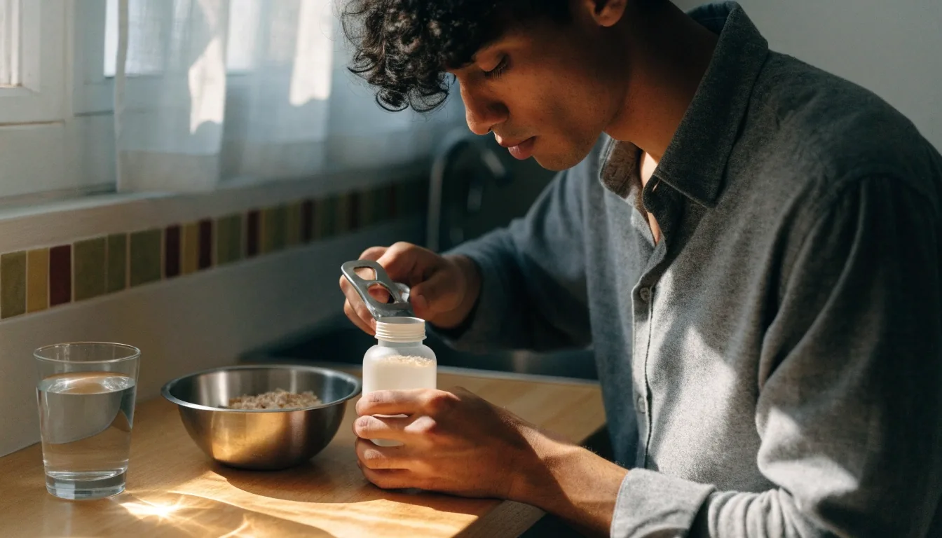 Hombre preparando el desayuno en una cocina luminosa junto a un frasco de vitaminas sin etiqueta