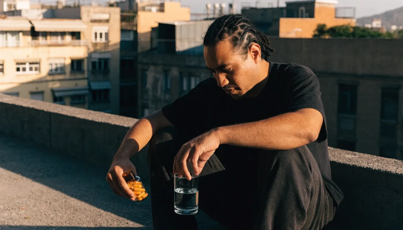 Hombre mexicano sosteniendo un frasco de vitaminas en una terraza soleada por la mañana