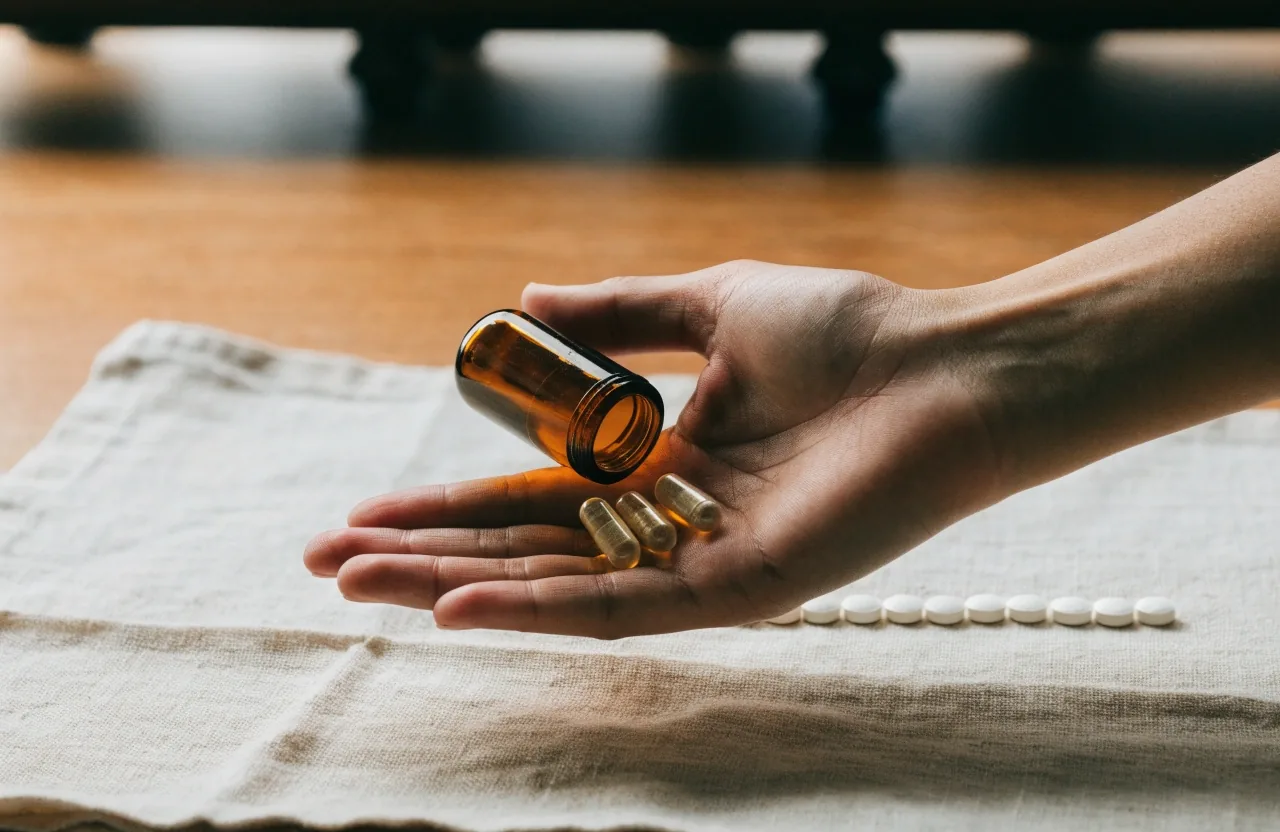 Tabletas, cápsulas y un frasco líquido sin etiqueta sobre una mesa de madera