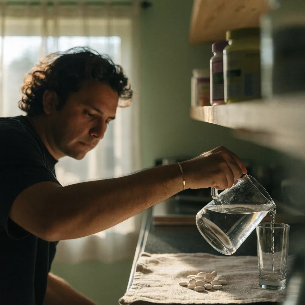 Hombre en una cocina iluminada por el sol junto a un vaso de agua y tabletas de suplemento sobre un lienzo