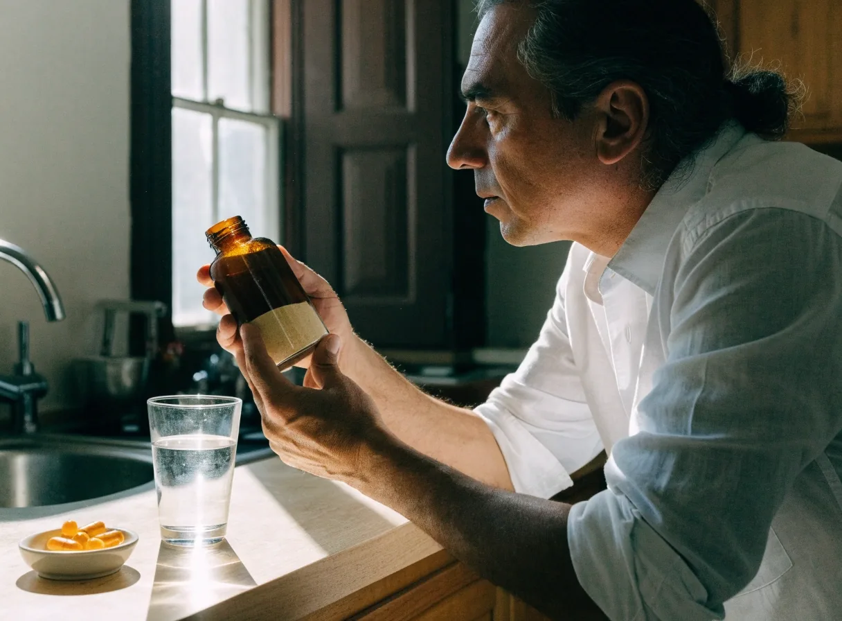 Manos de un hombre sosteniendo un frasco de suplemento a contraluz de una ventana