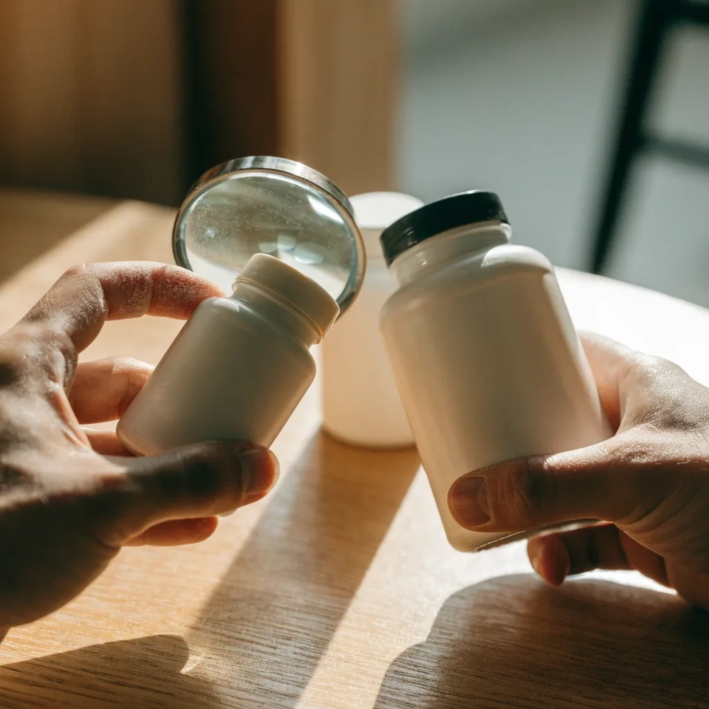Persona comparando dos envases de suplementos sobre una mesa iluminada