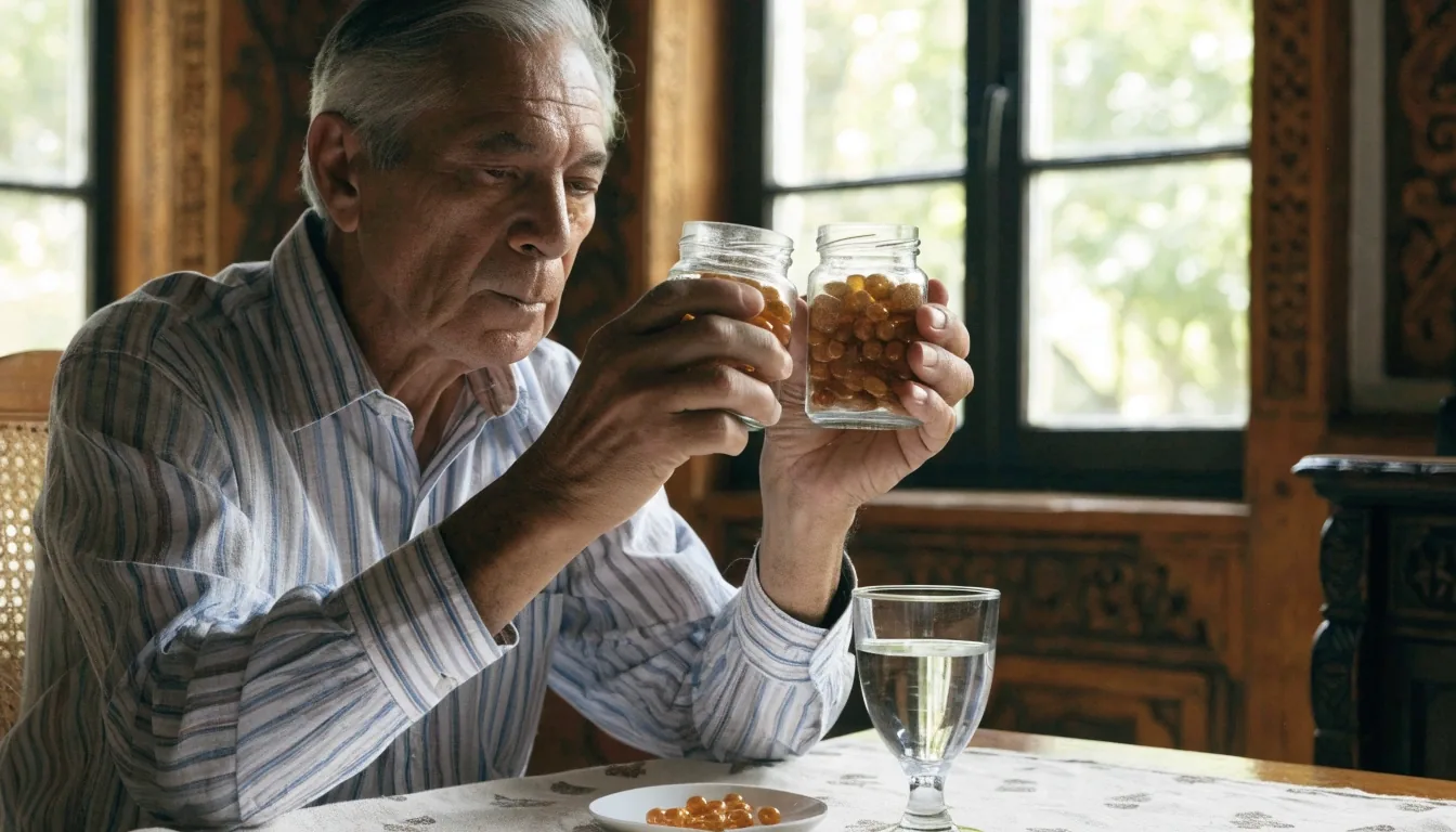 Hombre revisando la etiqueta de un frasco de suplemento a la luz de la mañana en una cocina luminosa