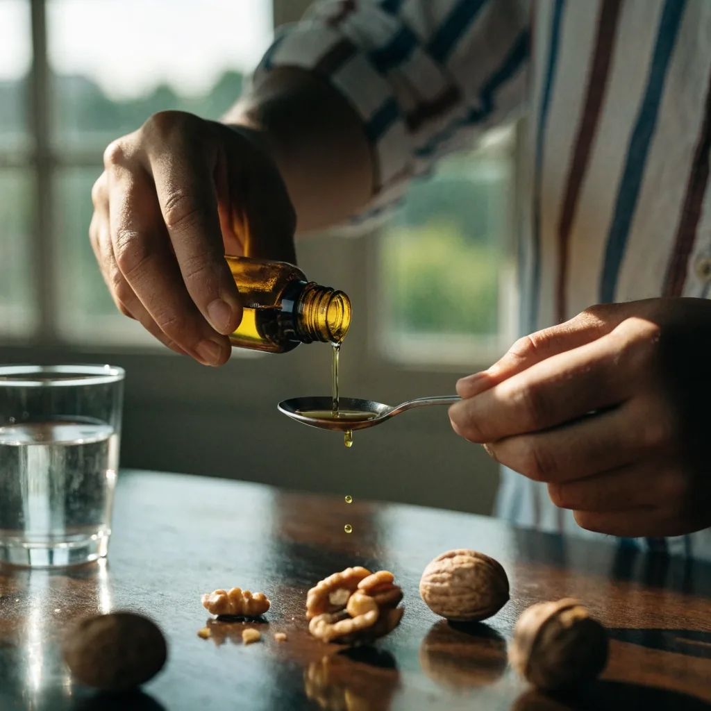 Botella pequeña de aceite dorado junto a un platillo con nueces sobre una superficie oscura