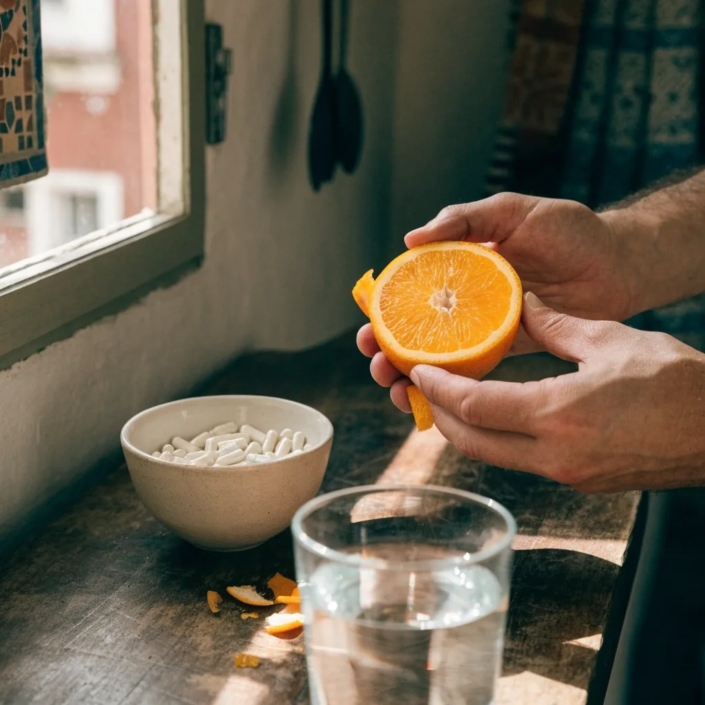 Frutos cítricos cortados junto a un recipiente sencillo con cápsulas blancas sobre una superficie de barro